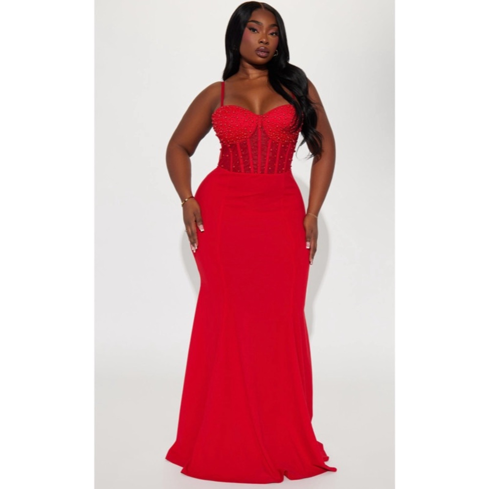 Red Embellished Evening Gown